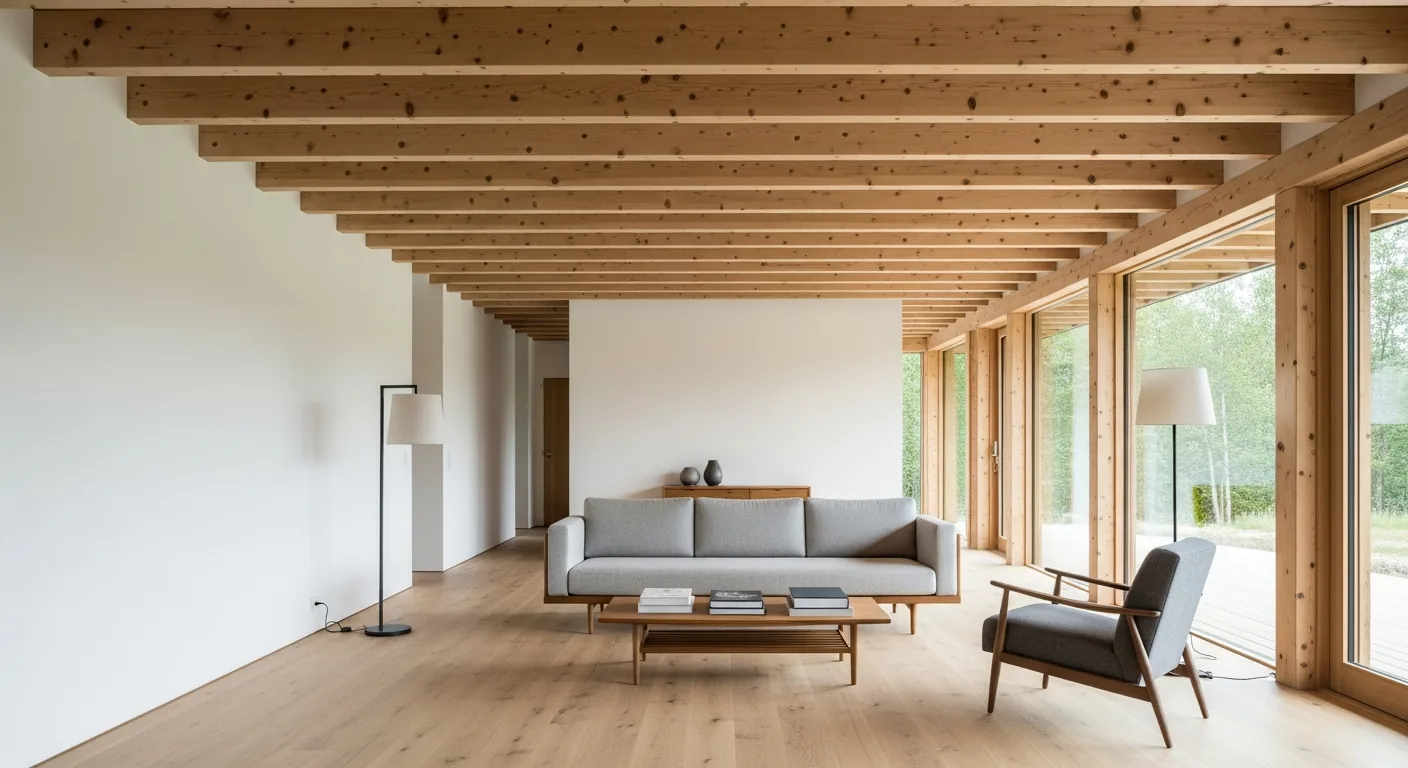 Premium Innenraum eines Holz-Fertighauses mit sichtbaren Holzbalken Premium Innenraum eines Holz-Fertighauses mit sichtbaren Holzbalken